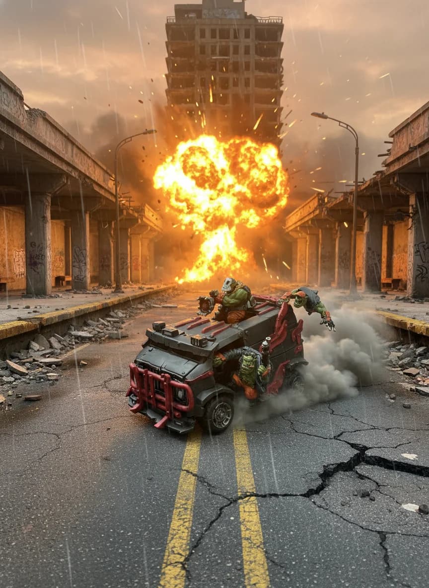 3d-print warhammer-40k  - An Orc Team Battle Van screeching through a crumbling metro ruin with clouds of smoke from burning rubber emanating from the back. There is a big explosion nearby, behind
