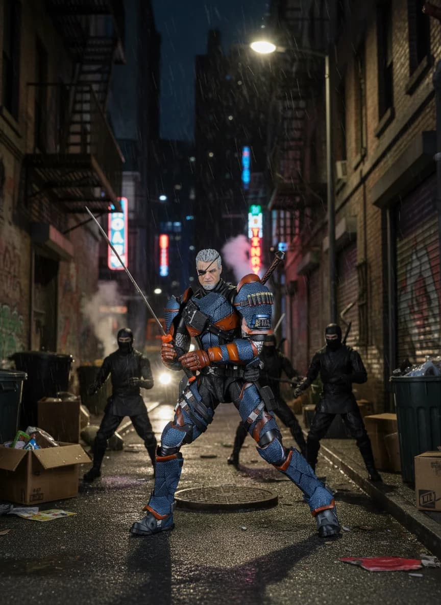 lpzz dc deathstroke - Deathstroke facing off against 5 or six ninjas in a back alley of New York City.